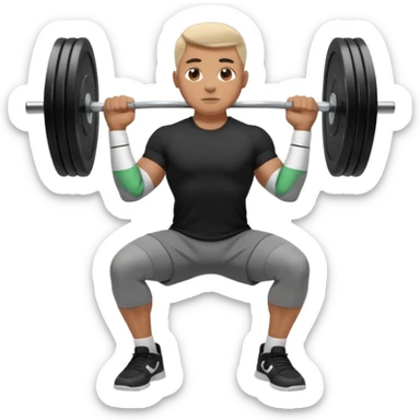 Hombre vestido con playera negra, pants gris y tenis blancos tipo jordan haciendo sentadilla libre con barra con un disco de 20 kilos por lado  sticker