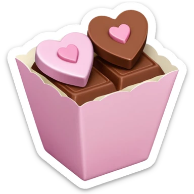 Two square milk chocolate , Each praline is a sharp-edged cube with smooth glossy chocolate coating, placed in a small white fluted paper candy cup. On top of each cube is a flat pastel pink heart-shaped icing sticker