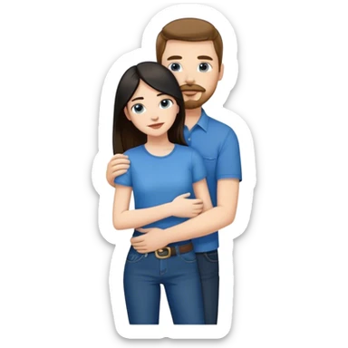 tall white guy with brown hair goatee mustache wearing blue shirt and black jeans hugging a shorter white girl with long black hair with blue jeans and white shirt sticker