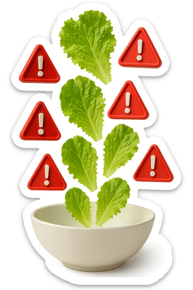 insalata che cade verticalmente in una bowl bianca insieme a segnali triangolari di pericolo con punti esclamativi rossi in 3d, iperrealistica 4k sticker