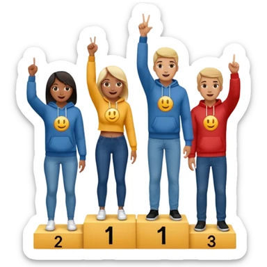 three multi-racial people on a winners podium with the center step higher, no numbers, all in fun jeans and hoodies, center person holds up one finger on each hand to signal number one, excited, fun, expressive emoji style sticker