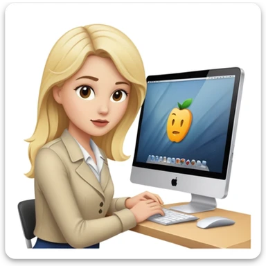 blonde woman working in front of her mac sticker