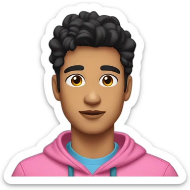 Tan skin with black hair and thick eyebrows young adult male wearing a blue hoodie and define jawline and thin nose and pinkish lips and gold necklace sticker