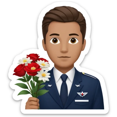 Homme avec bouquet fleurs blanches, avec uniforme bleu foncé cravate rouge comme Air France, arabe raie sur le côté sans chapeau juste insigne sans bouton manchette et un peu bronzée  sticker