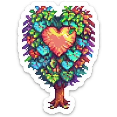Terraria-inspired tree with a heart-shaped canopy in rainbow colors, pixel art, cheerful, no text sticker