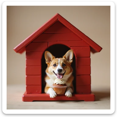 realistic red dog house with a Corgi dog inside, Corgi with a cupcake, photorealistic style sticker