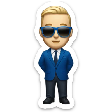 realism mac miller with a blonde comb over skin fade wearing a blue suit and sunglasses sticker