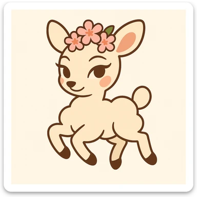 Simplify this feminine vanilla cloud doe with rosy cheeks and cherry flowers on its head, floating gracefully, into a clean, minimal style while keeping Pixar-inspired charm. Emphasize confidence, charm, and subtle allure, suitable for a social media brand mascot. The result should be soft, approachable, and easy to recognize at small sizes. Render in a clean, minimal style with Pixar-inspired charm. sticker