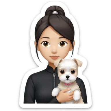 Asian girl (black fitted outfit with pony tail hair without bang) holding a white Maltese-schnauzer mixed dog sticker