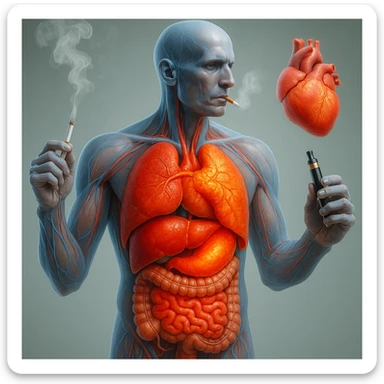Medical illustration, hyperrealistic 4K, realistic anatomical human body, inflamed liver and intestine highlighted, holding a lit normal cigarette in the right hand and an electronic cigarette in the left hand, clear background, extremely detailed, same lighting and style as the reference image. sticker