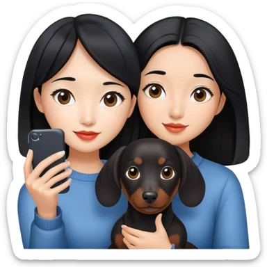 black hair asian girl taking selfie with black dachshund sticker
