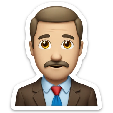 man balding at the crown, brown hair, brown eyes, moustache, red shirt, blue tie, shocked sticker