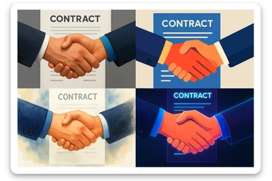 A handshake with a contract in the background, representing a successful business deal, in four distinct visual interpretations. sticker