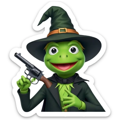 Kermit the frog wearing a witch hat pointing a gun at himself sticker