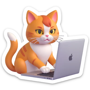 redhead cat typing intensely on a MacBook, determined expression, playful style sticker