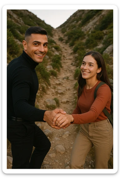 a man and woman climb a mountain trail together, the man leading but frequently looking back to ensure the woman is comfortable and supported. The woman follows with determination and a smile, symbolizing trust, encouragement, and the value of supportive leadership within a relationship. sticker