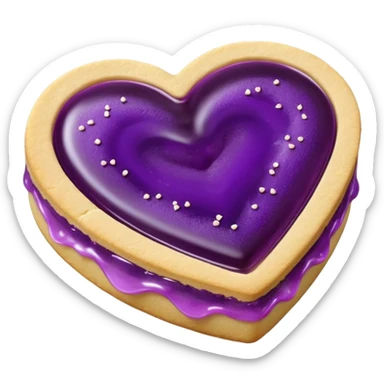 Realistic shortbread cookie in the shape of a heart with violet jelly middle filling and sprinkled powder sugar on top. sticker