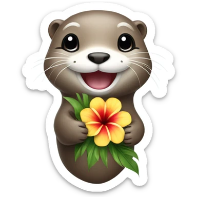 A happy and cute otter face holding a Hawaiian flower sticker