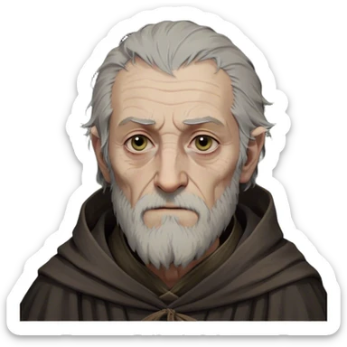 Qyburn from game of thrones, Qyburn is a thin, aging man with a gaunt, almost skeletal face and pale, sallow skin. His wispy gray hair and short, scruffy beard give him an unkempt look, and his cold, calculating eyes make him seem eerily detached. He wears simple, dark robes, lacking the grandeur of a typical maester, as he was stripped of his title for his unethical experiments. His soft-spoken yet chilling demeanor makes him unsettling to those around him. sticker