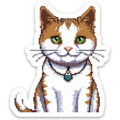 pixel art of a cat in a white top, brown spot on shirt, comical expression sticker