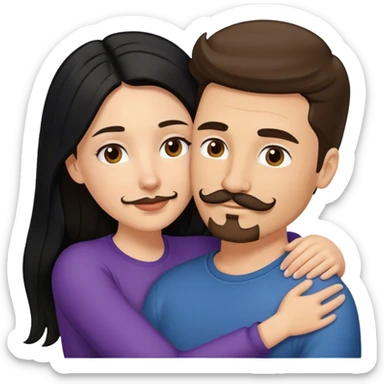 a white girl with long black hair hugging a white guy with brown hair goatee mustache sticker