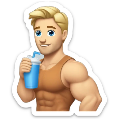 caucasian white muscled guy drinking a protein shake, goes to the gym everyday and works in tech. Has blonde/brunette hair, blue eyes. sticker