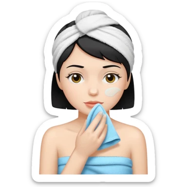 a white woman who has black short hair cleaning her face sticker