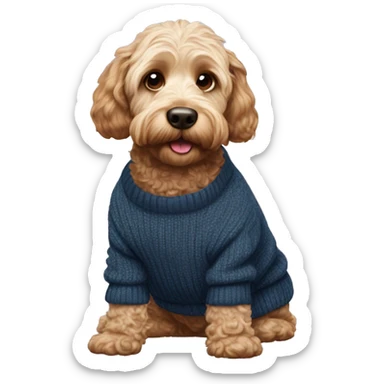 Cockapoo wearing jumper with ‘M’ on it sticker