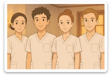 four nursing students standing side by side, wearing white short-sleeve medical uniforms with V-neck, left chest pocket, no collar, no undershirt, no stethoscope, warm indoor ambiance, resembling four provided faces, Ghibli style sticker