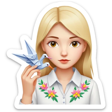 Ukrainian young girl in a white embroidered shirt holds an origami crane sticker