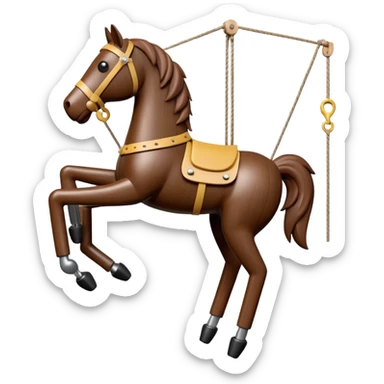3D render of Horse Puppet as a wooden marionette puppet, Wooden toy horse on strings, silver metal screw joints at elbows and knees, polished brown wood texture, rigid toy pose, emoji style, isolated on white background --v 6.0. sticker
