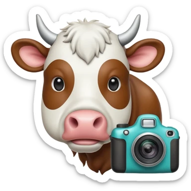 Emoji-style icon of a cow and buffalo with a camera or scan frame, representing image upload for breed detection. Simple, friendly, rounded design, clear at small sizes, teal and white accents, no text, transparent background. sticker