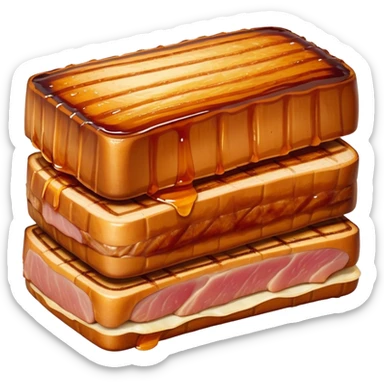 Cinematic tender pork belly, slow-roasted to perfection, crispy caramelized edges, glistening with juices, sliced into thick, rich layers, warm golden tones, luxurious and indulgent. sticker