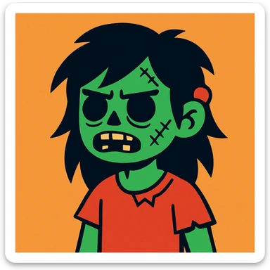 boy zombie with long black wolf cut hair, cartoon style sticker