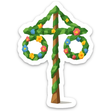 midsommarstång (Swedish maypole) decorated with green leaves and colorful flowers, standing upright with two floral wreaths hanging from the crossbar, festive and cheerful, clean modern illustration style sticker
