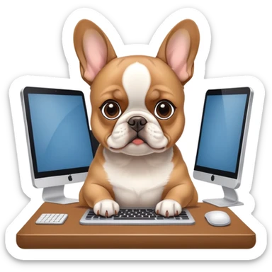 Fawn frenchie working behind computer sticker