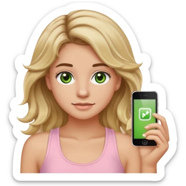 ca you make her hair a 20-year-old girl with long wavy hair brown roots blonde highlights green eyes brown eyebrows good summer tan iPhone emoji style with light pink tank top can you make her hair a little longer please sticker