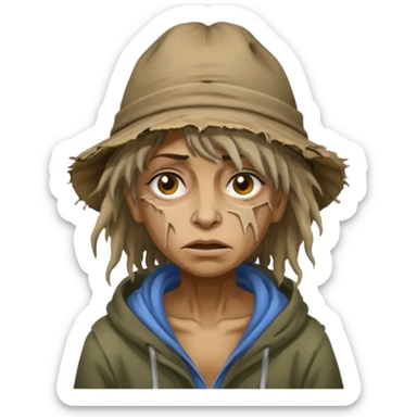 very dirty looking homeless woman with ripped hat and face with ugly hair sticker