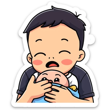 Man crying holding baby crying sticker
