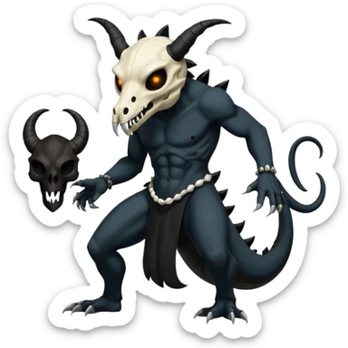 Shiny Dark Edgy  Duskull-Salandit-Inteleon-Amaura-Fakémon-hybrid-creature (full body) with a horned animal-skull-mask sticker