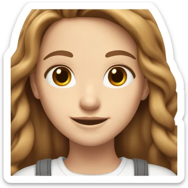 White girl with brown eyes and long brown hair in a breaks wearing a white smiling sticker