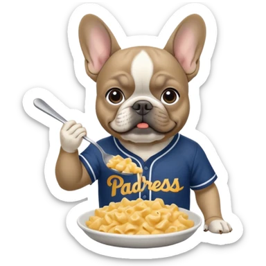 Grey French bulldog eating Mac and cheese wearing a padres baseball shirt sticker