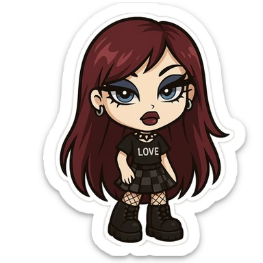 bratz-inspired emo girl, burgundy long hair, pale skin, blue eyes, dramatic eyeliner, alternative fashion sticker