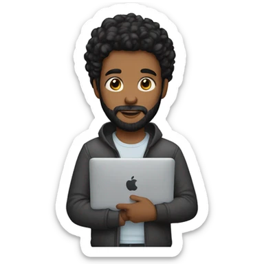 young man with black beard an long hair and a macbook in her hand sticker