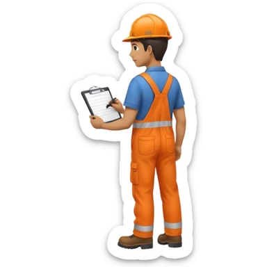 Indian male railway engineer orange overalls, boots holding a clipboard back view sticker