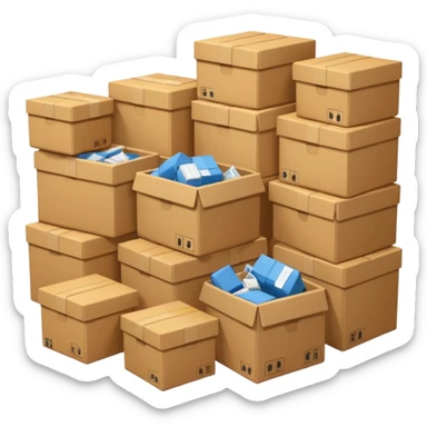 Generate a realistic emoji-style of a overfilled storage room where the packages dont have much space and everything seems chaotic sticker