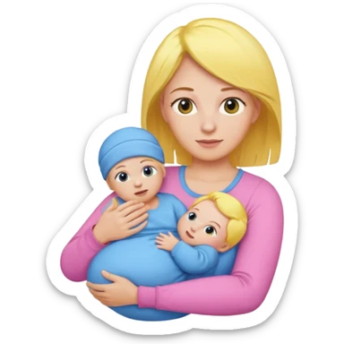mother with yellow hair and pink top holding baby in blue outfit, emoji style sticker