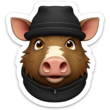 fullface wild tired brown boar with stubble in a black jacket and a black winter hat sticker