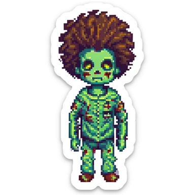 zombie boy with an afro, pixel art style sticker