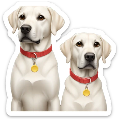 2 labradors, colour black. one on the left smaller. The dog on left with a light blue collar. dog on right with red collar. sticker